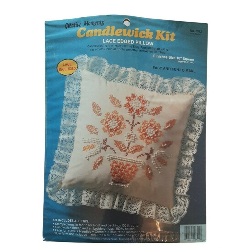 Vintage 1983 Creative Moments Candlewick Kit Lace Edge Pillow Cover New In Pkg